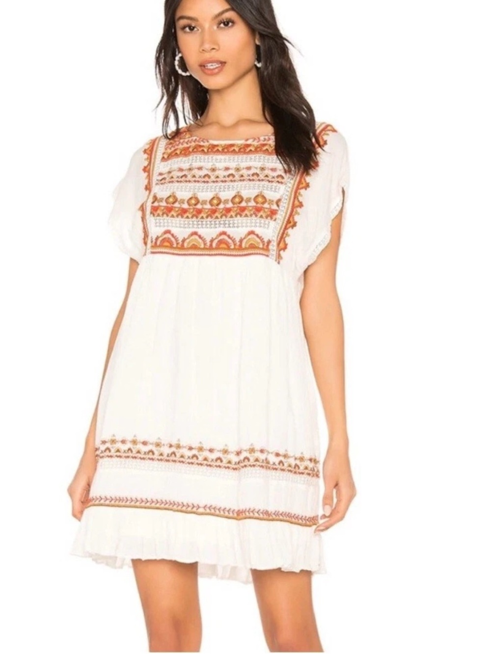 Free People White Mini Dress with Rust & silver Embroidery with pockets
